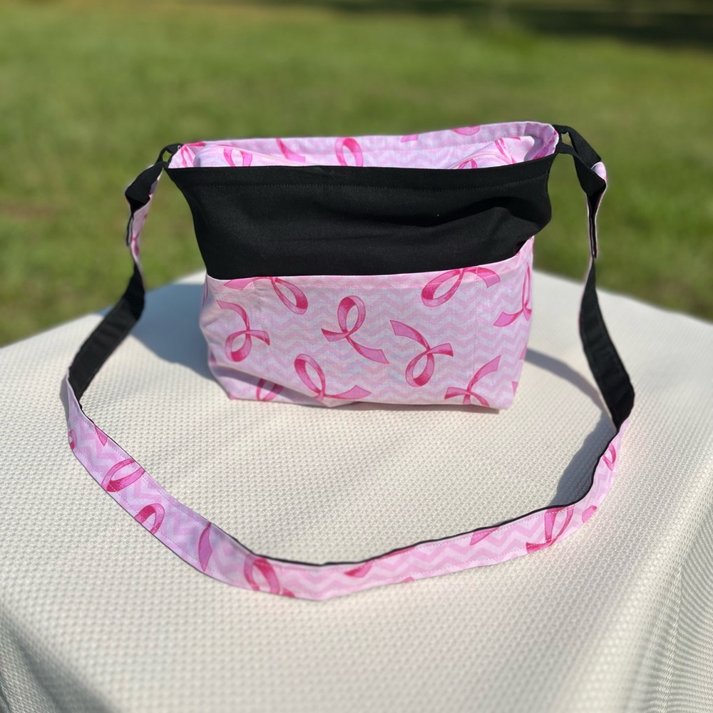 Pink ribbon and black handmade cotton purse.